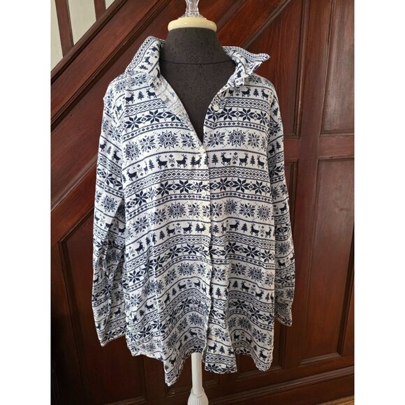 Lands End Womens Christmas Reindeer Blue White Flannel Button-Up Shirt 22W - Picture 1 of 8